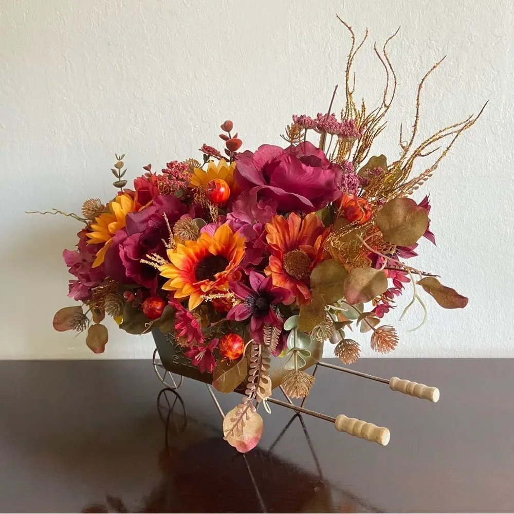 Faux Floral Bouquet In Garden Cart With Pink Roses